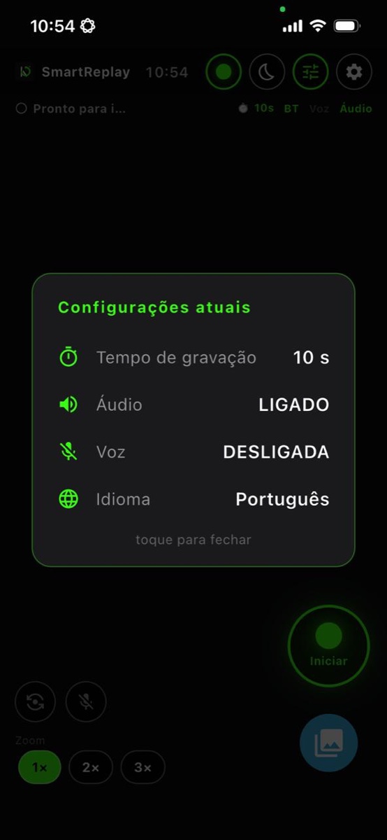 Resumo de configurações, com a janela de replay, áudio, voz e idioma